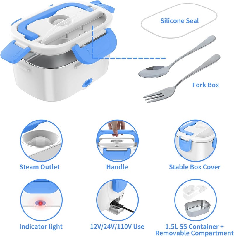 CHARMDOO Electric Lunch Box, Food Warmer Heater 12V 24V 110V, 80W Faster Heated Lunch Box for Car/Truck/Home Portable Heating Boxes with 1.5L 304 SS Container Fork & Spoon, White+Blue - Image 4